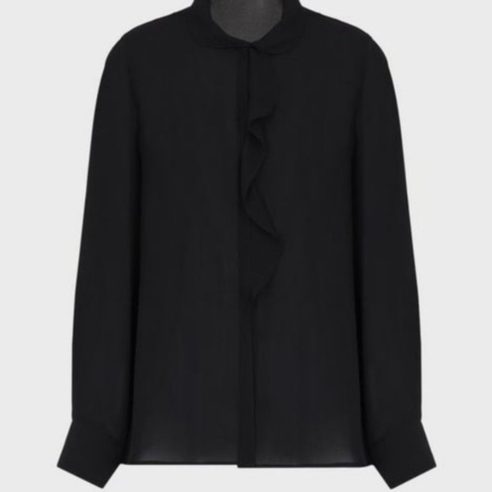 Zara Black Ruffle Neck Long Sleeve Sheer Blouse